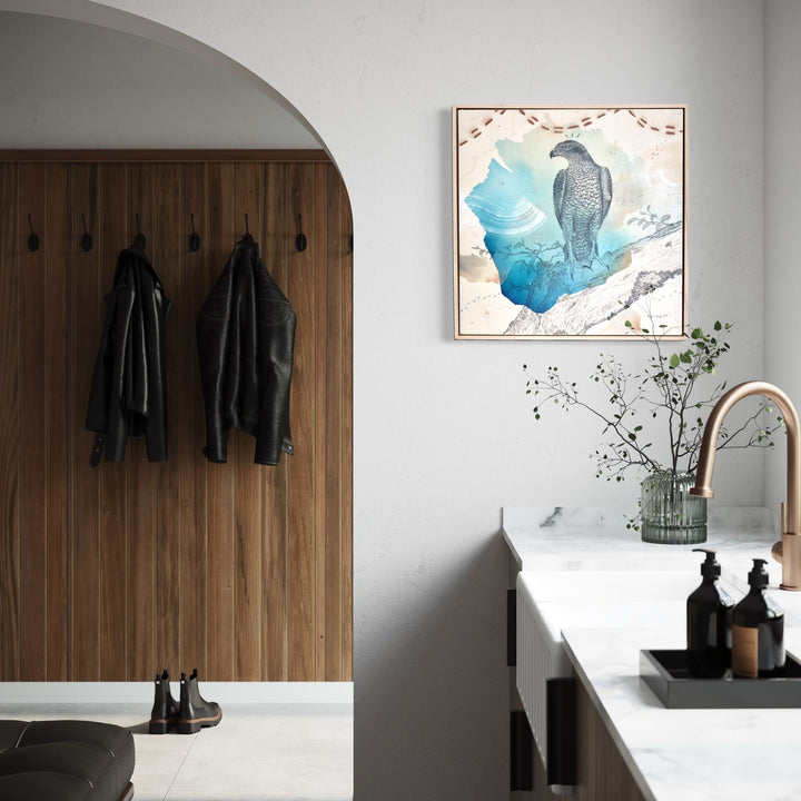 The artwork, American Goshawk, Baron of the Backwoods, by Alicia Hauff, displayed in a room.