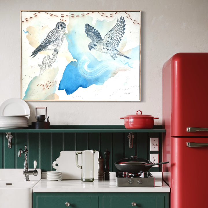 The artwork, American Kestrel, Small But Fierce, by Alicia Hauff, displayed in a room.