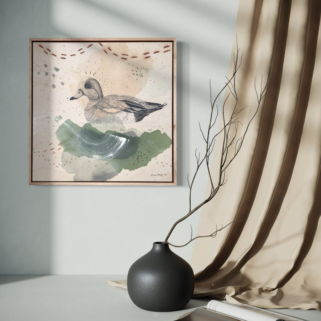 The artwork, American Wigeon, Dabbling with Pizazz, by Alicia Hauff, displayed in a room.