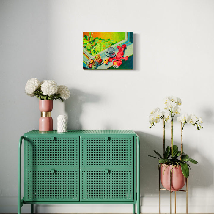 A photo of the artwork And Then She Became the Tree of Heaven, by Mary Younkin, hanging on a wall.