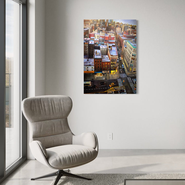 The artwork, Angels Over Manhattan, by Regina Miele, displayed in a room.