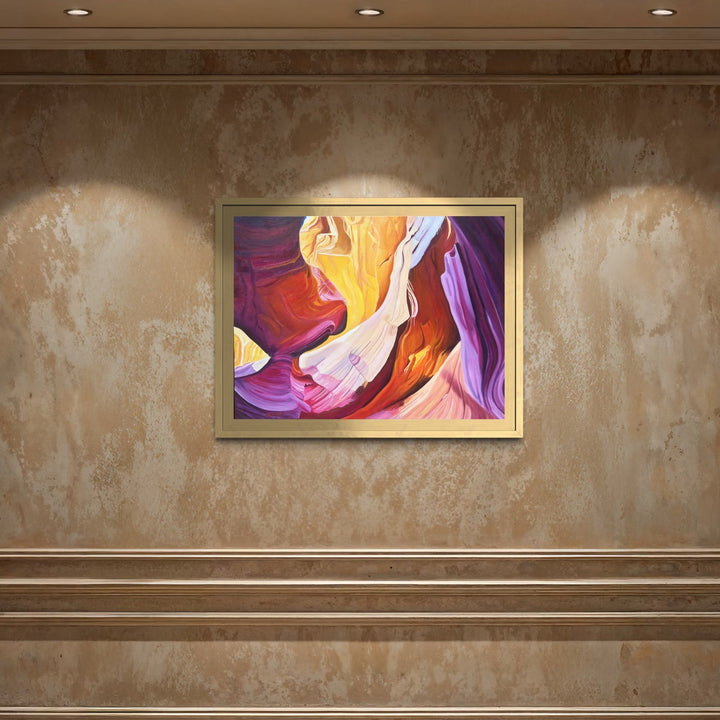 The artwork, Antelope Canyon 1, by Connie Falk, displayed in a room.