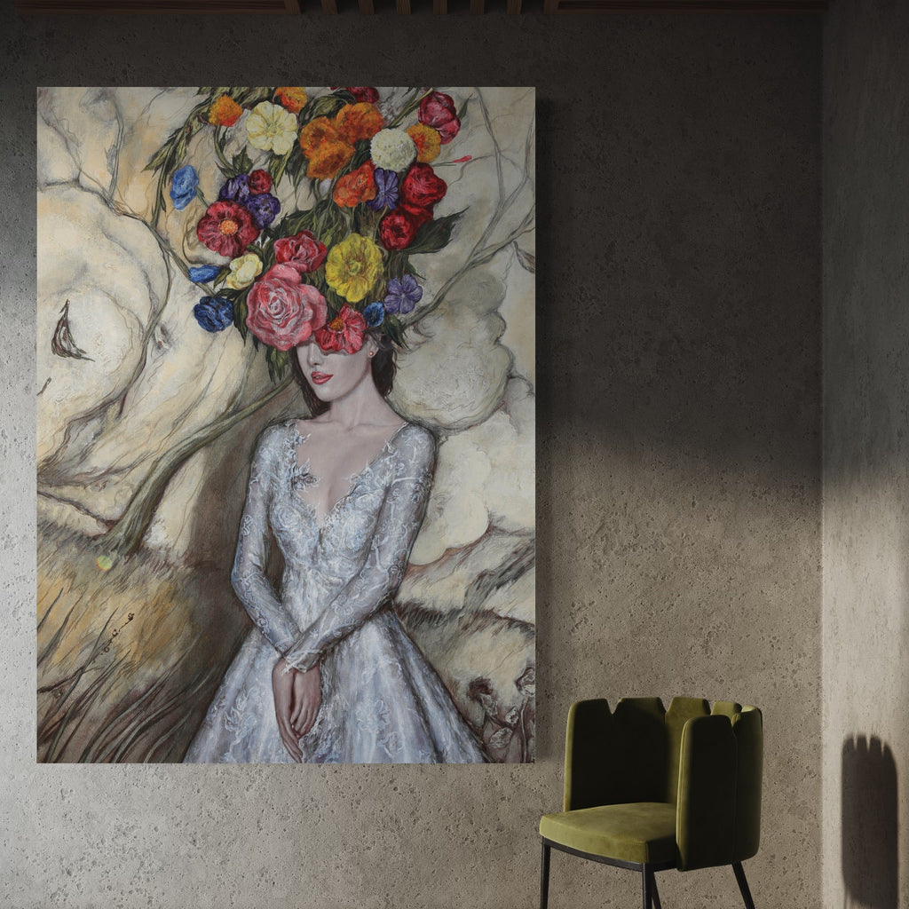 The artwork 'Autumn' depicts a figure in an elegant white lace dress against a textured beige background, adorned with a dramatic floral headpiece featuring vibrant roses, peonies, and wildflowers in shades of orange, red, yellow, and blue. The 28x28 inch acrylic painting on canvas combines romantic and surrealist elements with meticulous detail by Carlos Gamez de Francisco.