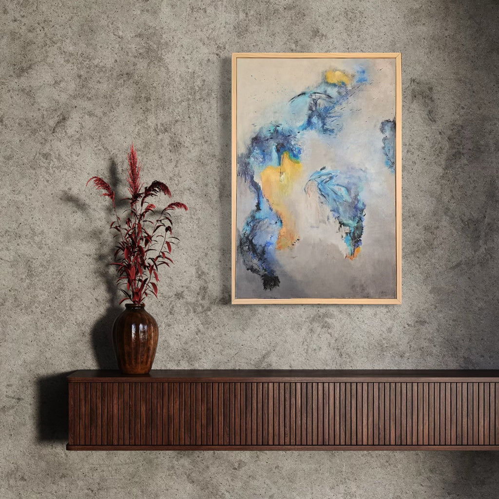 The artwork, Azure Whispers, by Janyce Erlich-Moss, displayed in a room.