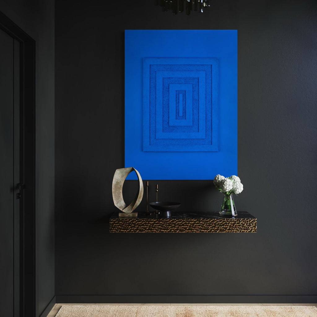 The artwork, B.L.U.E III, by Dina AZ Salem, displayed in a room.