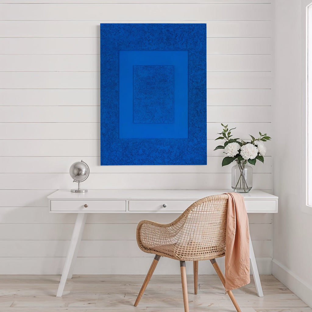 The artwork, B.L.U.E II, by Dina AZ Salem, displayed in a room.
