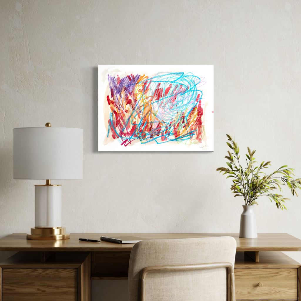 BPAMX0128 by Saehyun Paik showcases a lively abstract composition using energetic strokes of red, blue, purple, and orange on a white background. Mounted above a light wooden desk with clean lines, a modern lamp, and a minimalist vase with greenery, it adds a fresh and creative vibe to the contemporary workspace.