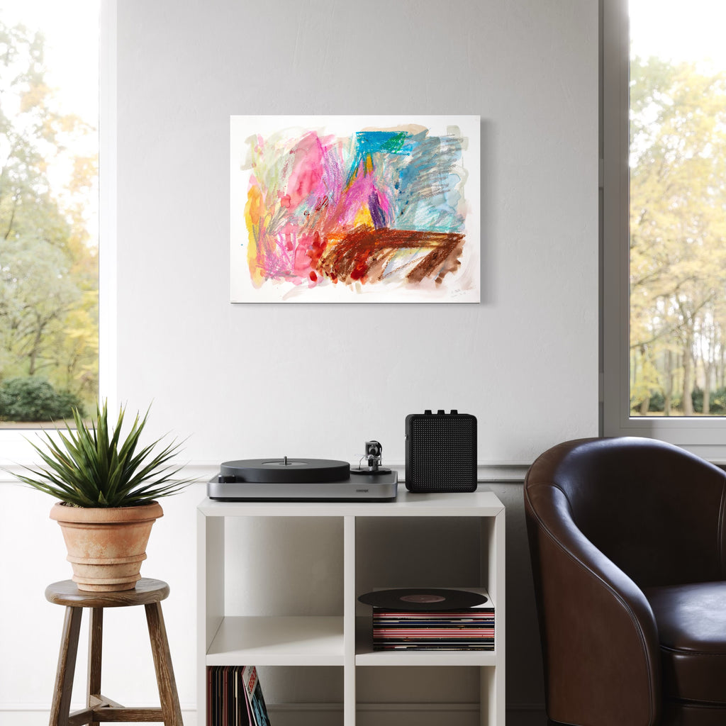 BPAMX0132 by Saehyun Paik features a vibrant abstract interplay of pinks, blues, oranges, and browns with expressive, textured brushstrokes. Hanging above a modern white shelving unit with a turntable and black speaker, it adds an energetic and colorful touch to the minimalist, cozy living space with a leather chair and potted plant nearby.