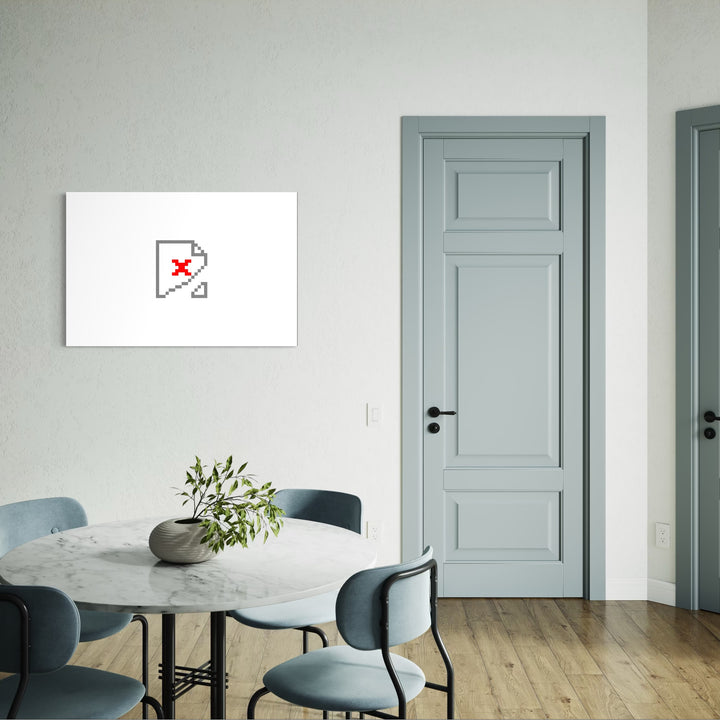 BROKEN by Harold Herb presents a minimalist digital icon of a torn file with a red error symbol, displayed on a crisp white canvas. Hanging in a serene modern dining space featuring muted gray-blue chairs and a round marble table, the artwork introduces a subtle yet impactful touch of contemporary digital culture to the clean, muted interior.