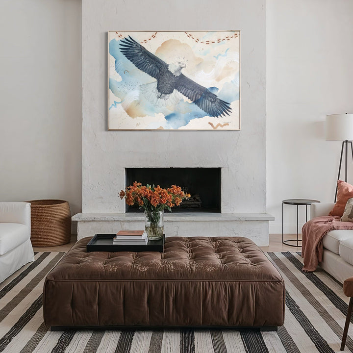 The artwork, Bald Eagle, Sacred Emblem & Protector, by Alicia Hauff, displayed in a room.