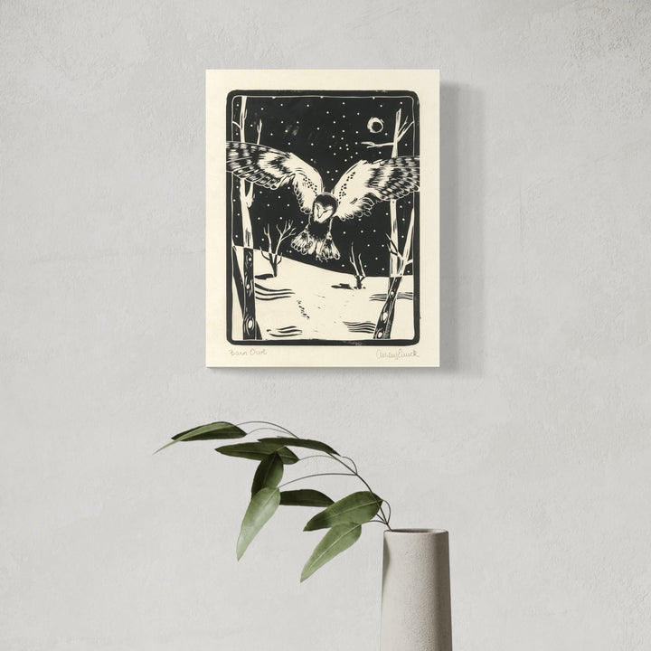 The artwork, Barn Owl, by Ashley Ranae Quick, displayed in a room.