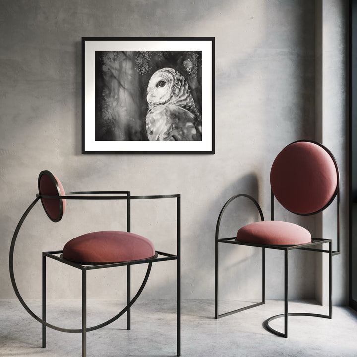 The artwork 'Barred Owl' by Cat Lencke features a striking black and white watercolor portrait of a barred owl in profile. The owl's distinctive facial disc, round eyes, and detailed feather patterns are captured in delicate brushstrokes. Set against a misty forest background, the monochromatic composition creates a mysterious, ethereal atmosphere, framed in classic black.