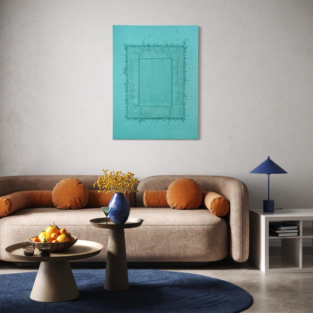 The artwork, Battered but not Beat, by Dina AZ Salem, displayed in a room.