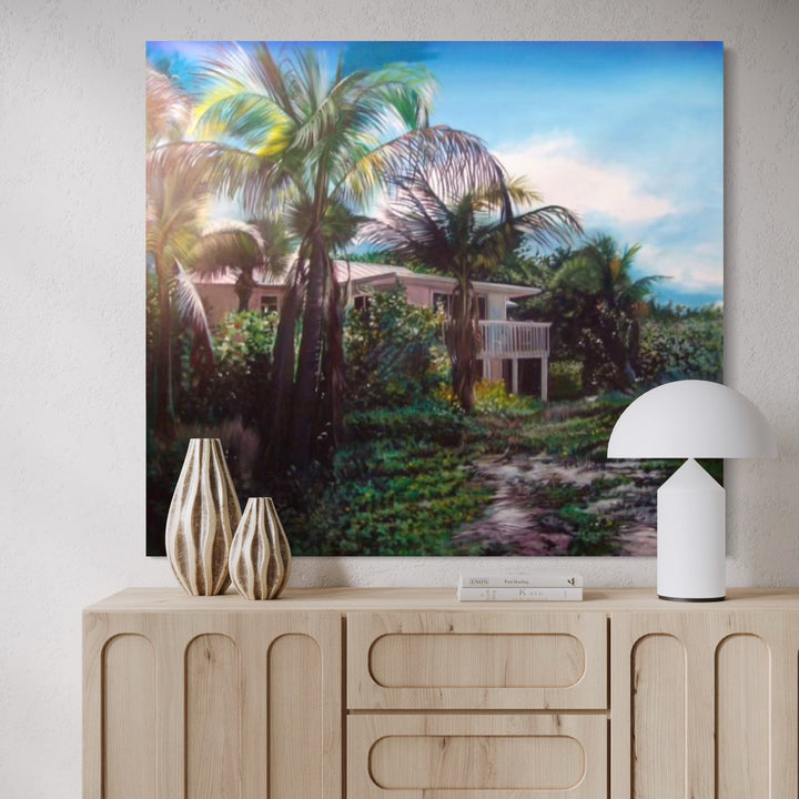 The artwork, Beach House — Robert Rauschenberg Estate, Captiva, Florida, by David Bunn Martine, displayed in a room.