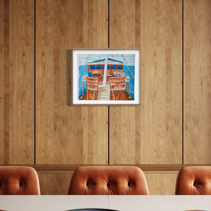 Beer Thirty by Alimo captures two people relaxing on a wooden boat deck with warm tones and vibrant blues, evoking a serene maritime moment rendered in a charming, inviting art style.