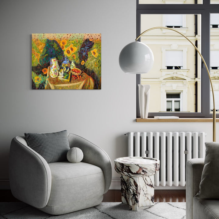 The artwork, Bees and Sunflowers, by Gina Blickenstaff, displayed in a room.