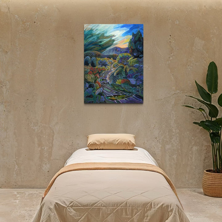 The artwork, Bike Ride After Rain, by Gina Blickenstaff, displayed in a room.