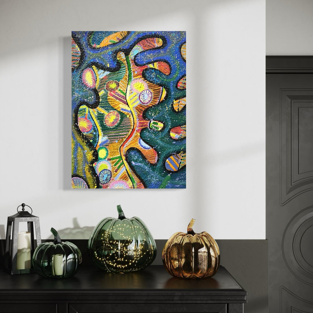 The artwork, Birds of Paradise, by Jade Chan, displayed in a room.