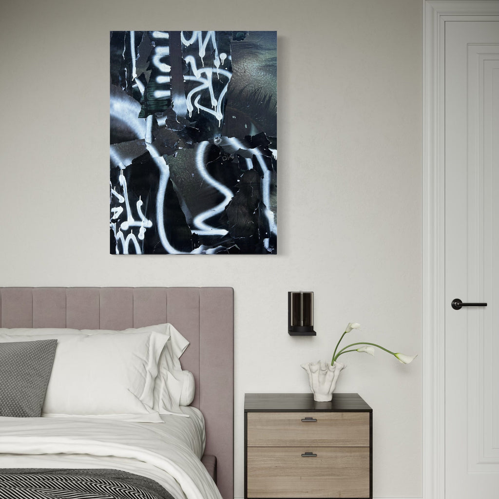 The artwork, Black and White Graffiti, by Amy Turner, displayed in a room.