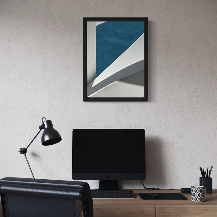 The artwork, Blanco y Azul , by Starr Tucker-Ortega, displayed in a room.