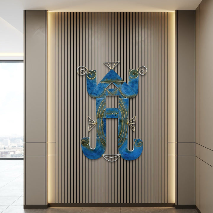 The artwork, Bleu Blanc Belge, by Adina Andrus, displayed in a room.