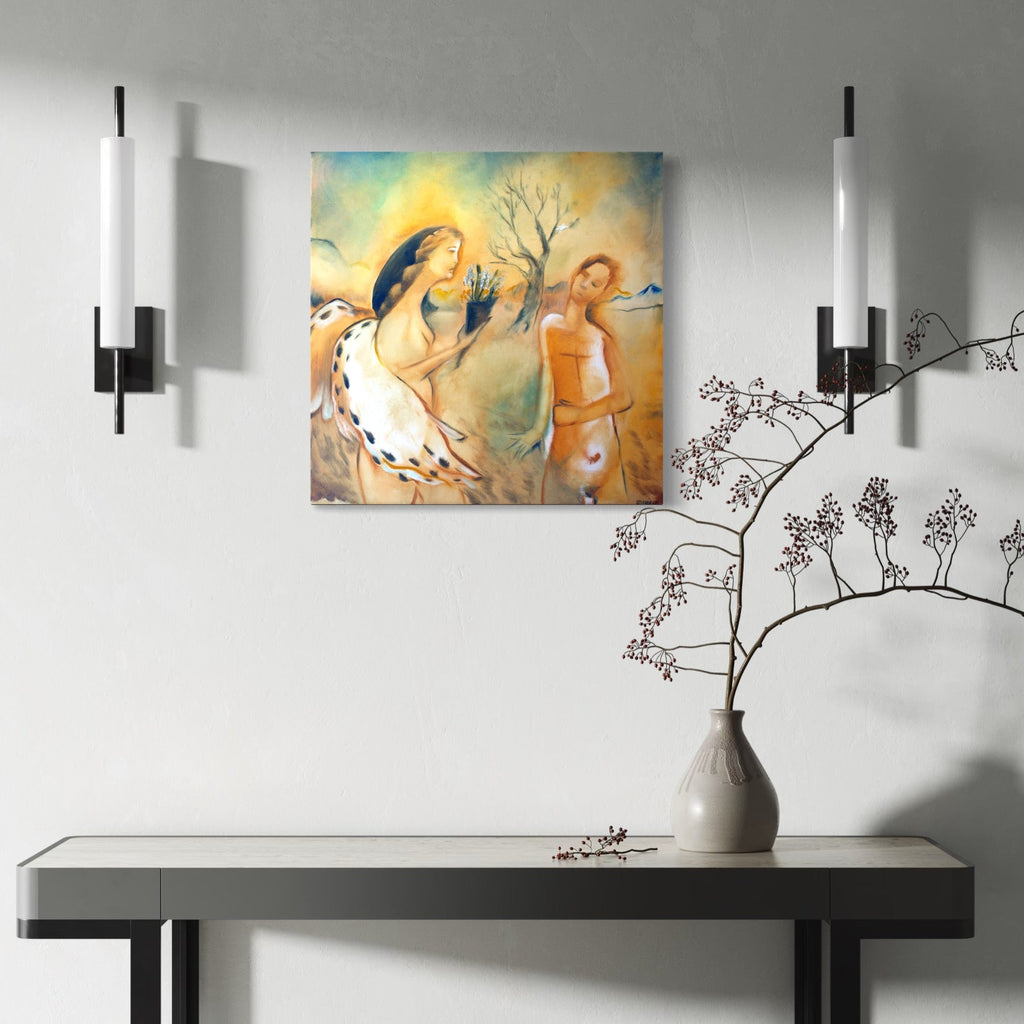 The artwork, Blodeuwedd's Second Metamorphoses, by Dara Theodora, displayed in a room.