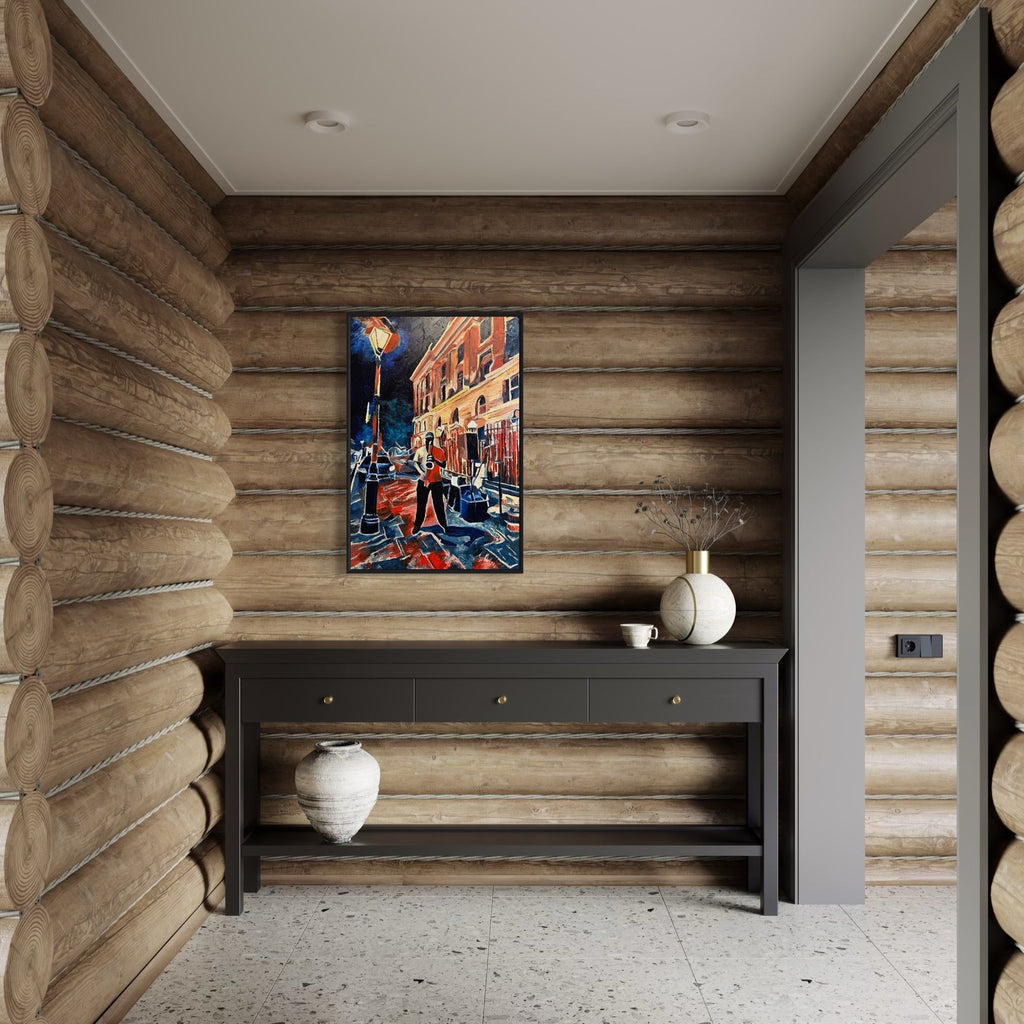 The artwork, Blow Man, Blow!, by Lauren Luna, displayed in a room.