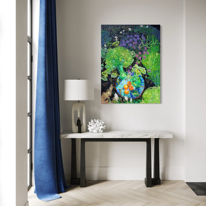 The artwork, Blue-Green with Apricots, by Gina Blickenstaff, displayed in a room.