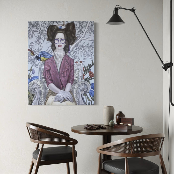 The artwork, Blue Birds and Purple Glasses, by Carlos Gamez de Francisco, displayed in a room.