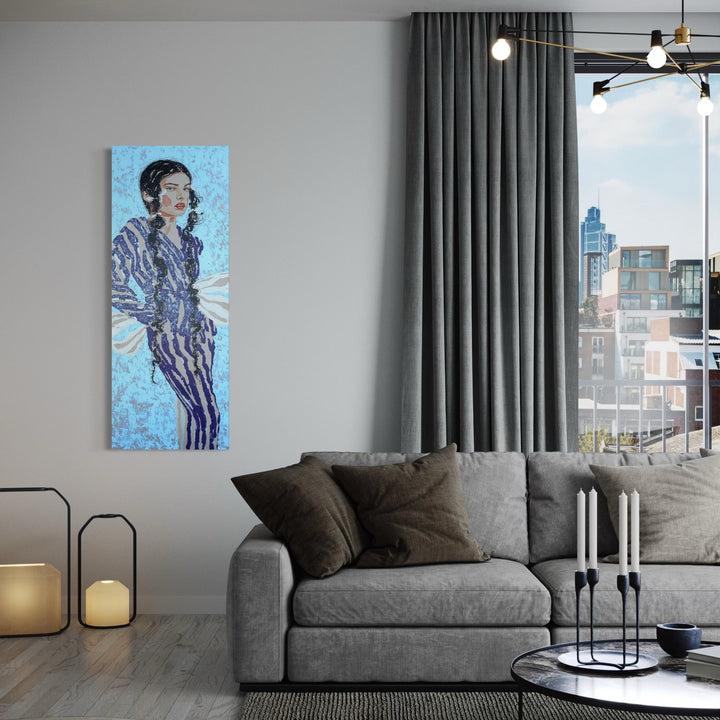 The artwork, Blue Fashion, by Carlos Gamez de Francisco, displayed in a room.