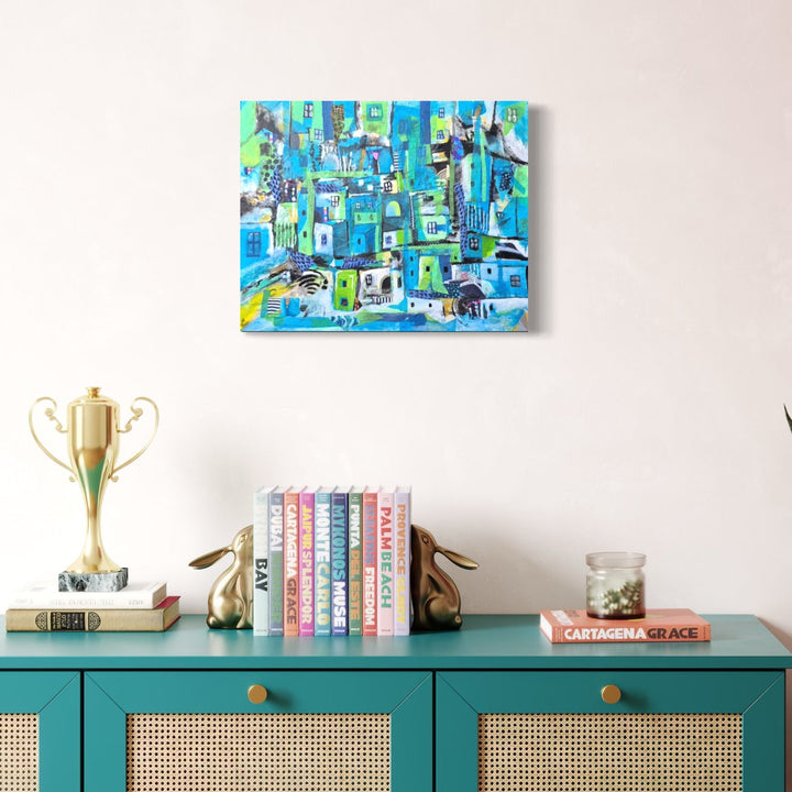 The artwork, Blue Favela, by James Ehling, displayed in a room.