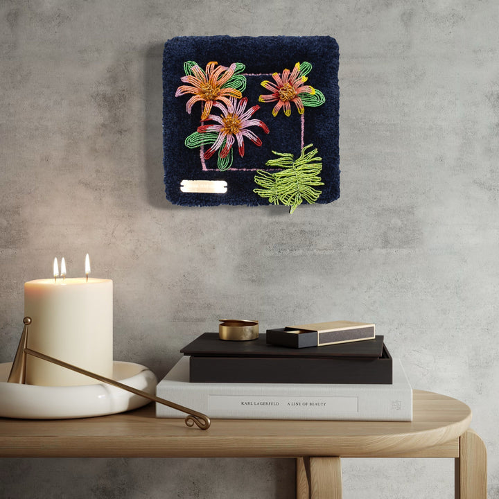 The artwork, Blue Flower Arrangement, by Abigail Henthorne, displayed in a room.