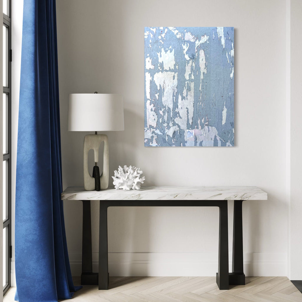 The artwork, Blue Hue 1 Shadow, by Amy Turner, displayed in a room.