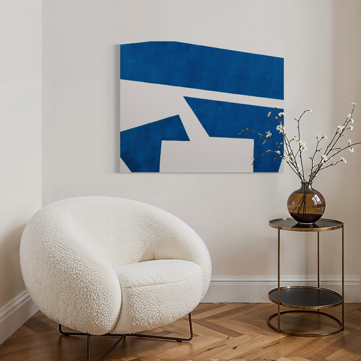 The artwork, Blue Lightning Rod , by Lisa Petker Mintz, displayed in a room.