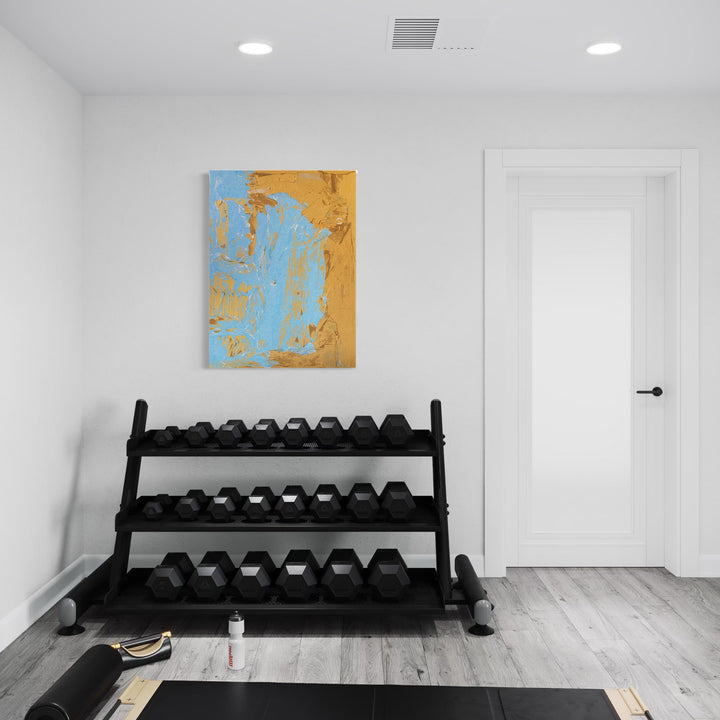 The artwork, Blue Mine, by Amy Turner, displayed in a room.