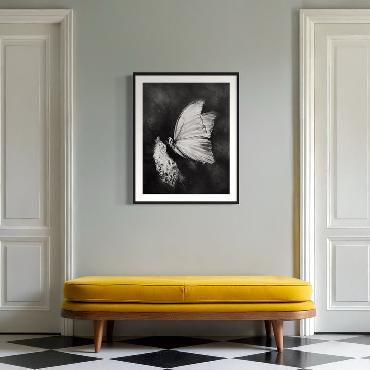 The artwork 'Blue Morpho; Silk and Shadows' features a striking monochromatic watercolor study of a butterfly wing in elegant detail. The composition captures delicate wing patterns against a dark, mysterious background, creating dramatic contrast. The framed piece showcases intricate textures and ethereal light effects characteristic of watercolor technique. By Cat Lencke.