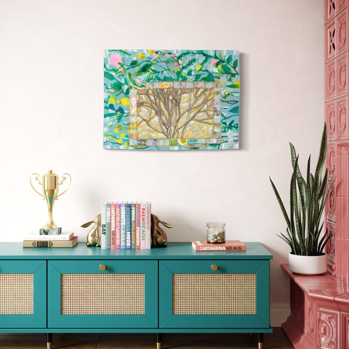 The artwork, Blue Window Tree, by Lisa Warren, displayed in a room.