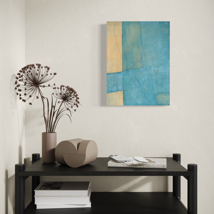 The artwork, Blues on Yellow XV, by Diane Englander, displayed in a room.