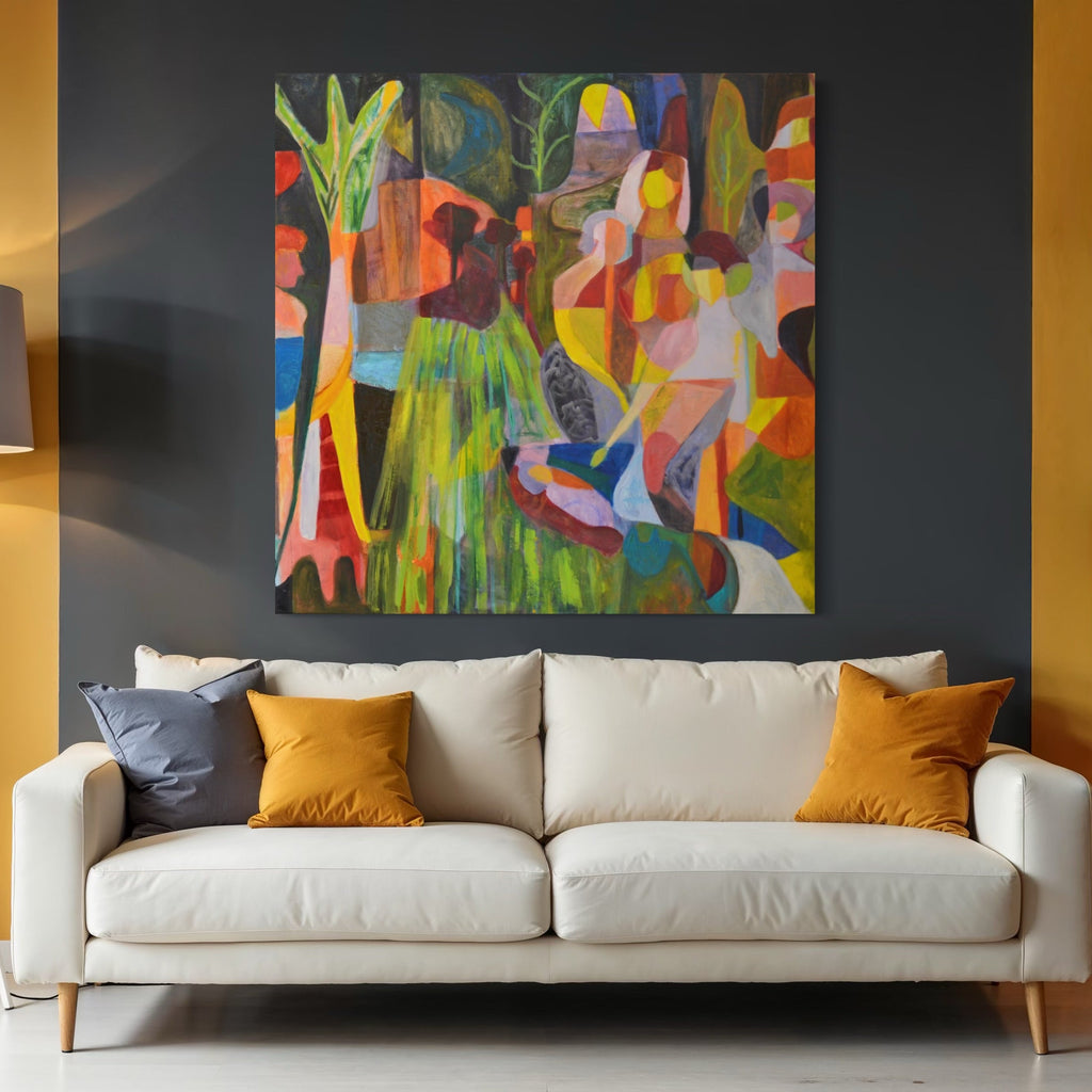 The artwork, Bob Thompson one, by Jennifer Levine, displayed in a room.