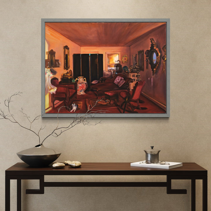 The artwork, Bordello in my Dollhouse, by Regina Miele, displayed in a room.