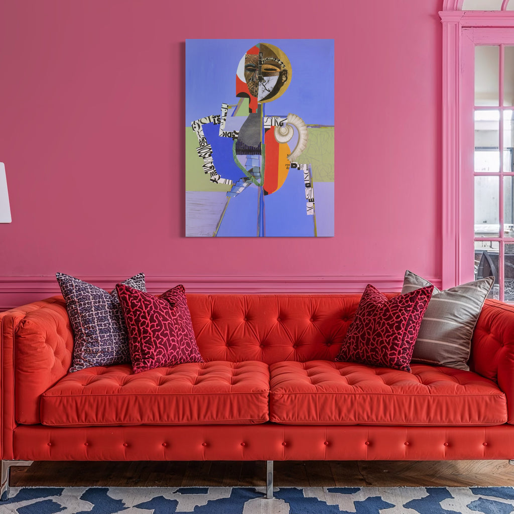 The artwork, Born Under a Blue Sky While the Black Bird Sang, by Mona Dworkin, displayed in a room.