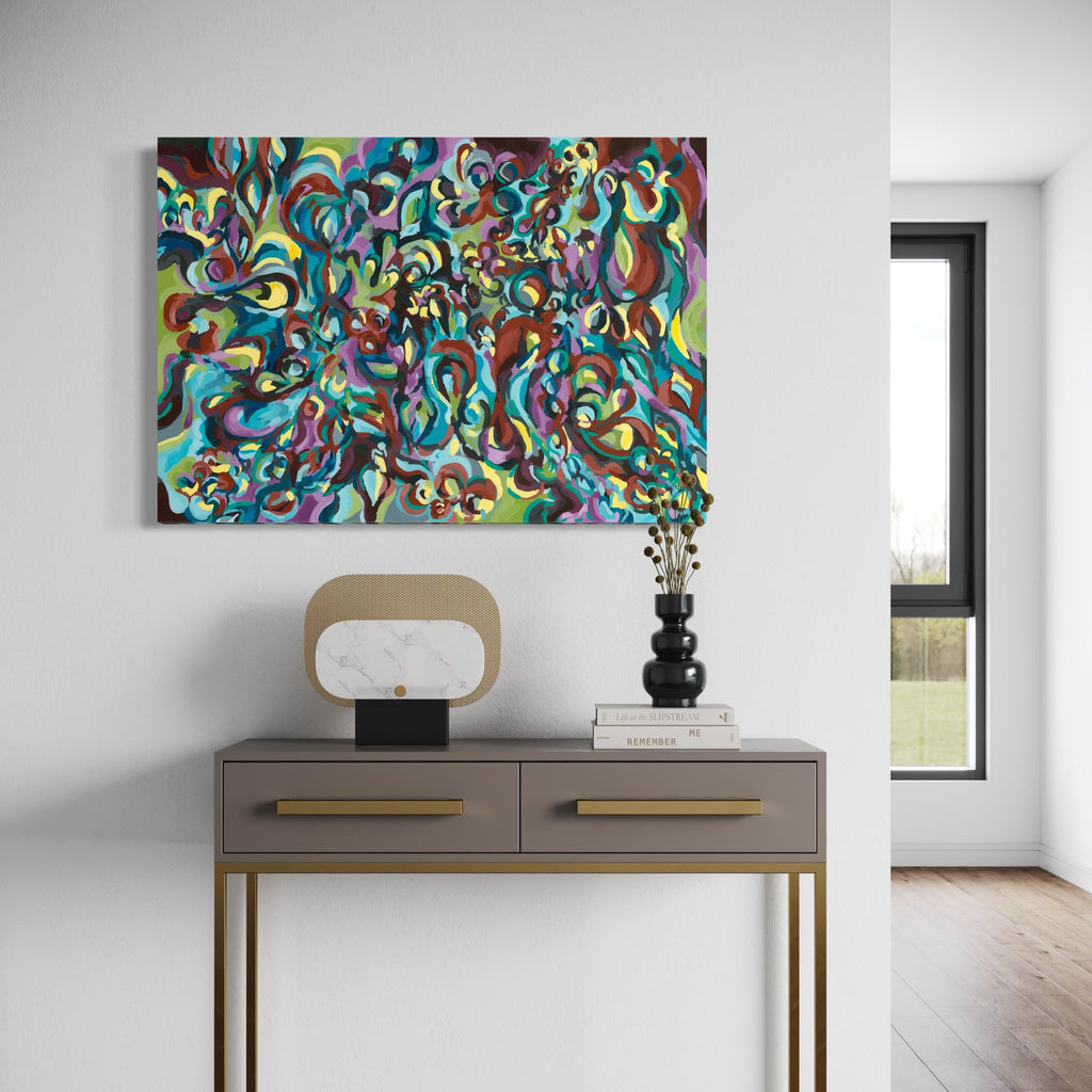 The artwork, Botanic Rhythm, by Kaitlin Andrews, displayed in a room.