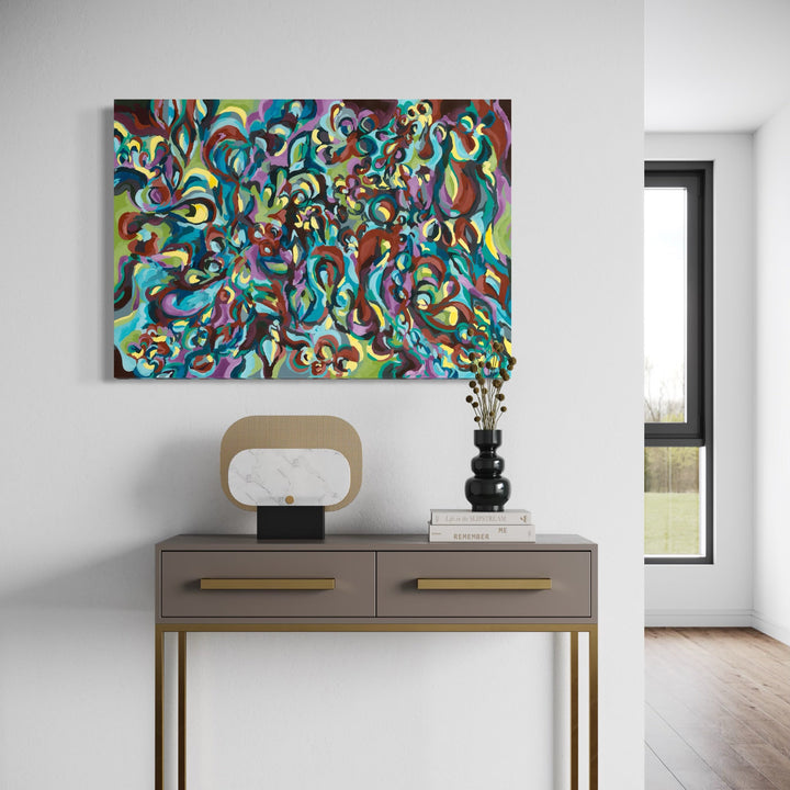 The artwork, Botanic Rhythm, by Kaitlin Andrews, displayed in a room.