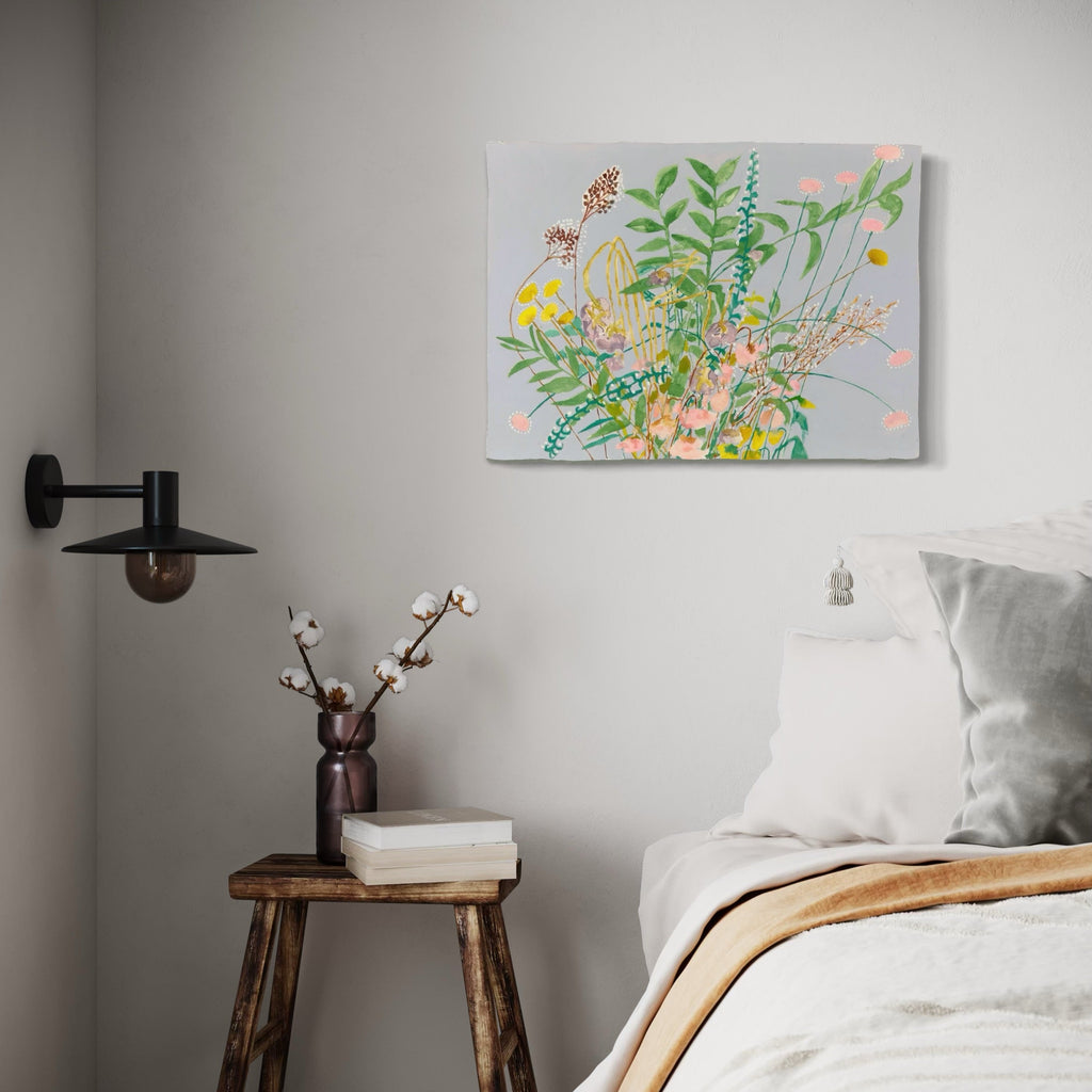The artwork, Boouquet Gray, by Lisa Warren, displayed in a room.