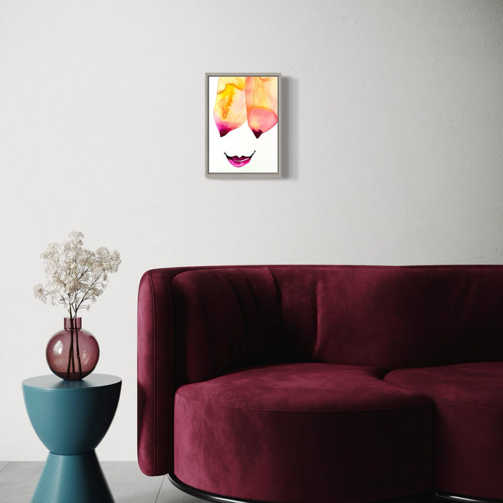 A photo of the artwork Bright Eyes, by Monica Carrier, hanging on a wall.