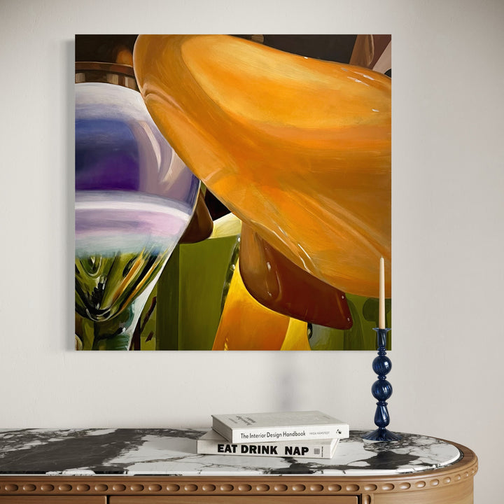 The artwork, Blown Glass Shapes, by Allan Gorman, displayed in a room.
