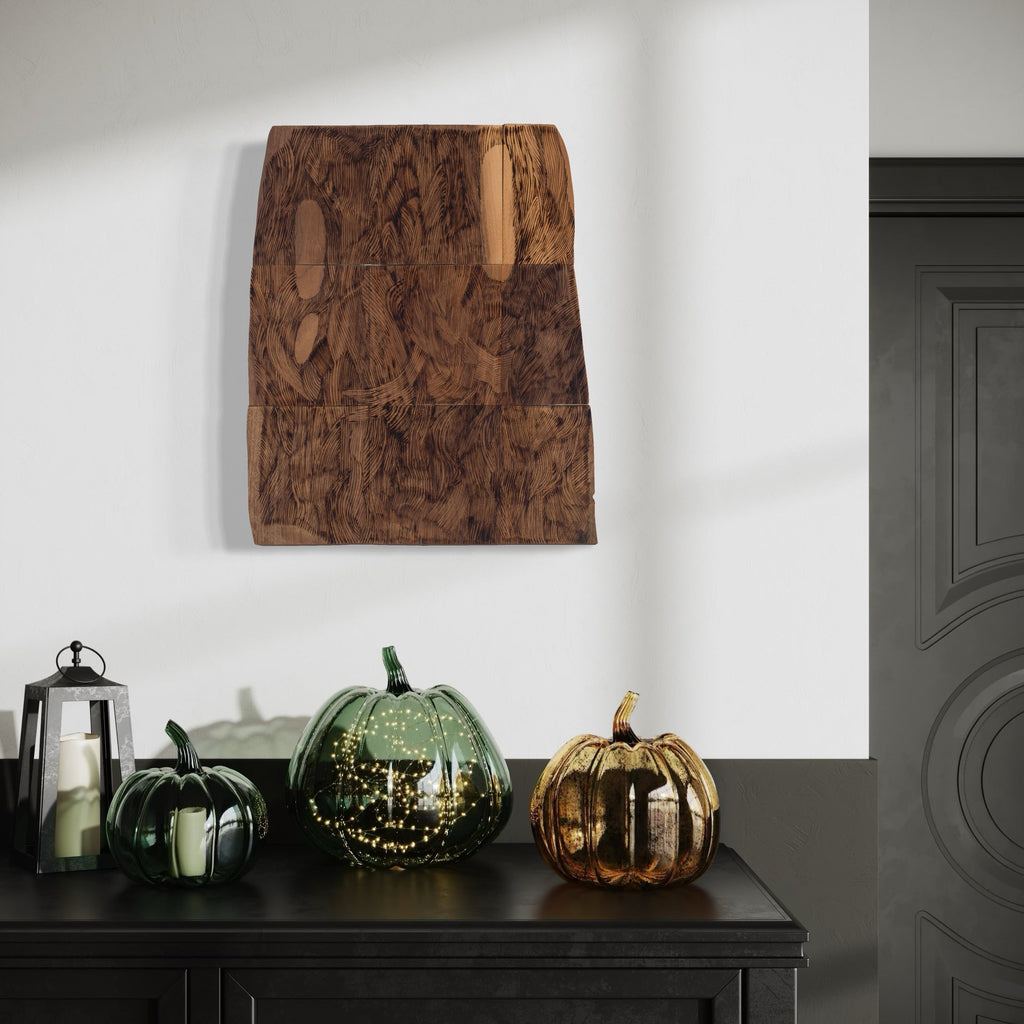 A photo of the artwork Burnt Offering 1, by Zoe Cohen, hanging on a wall.