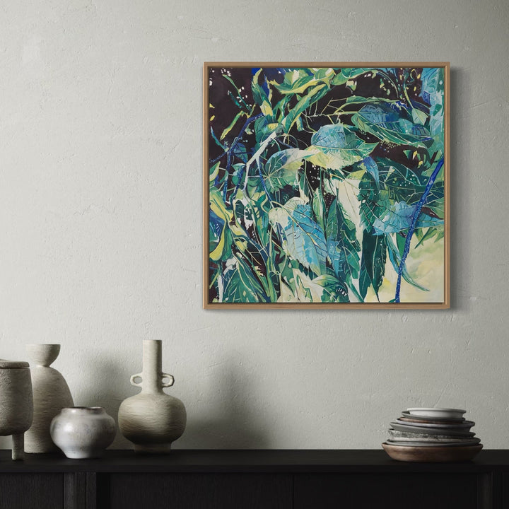 The artwork, Butterfly Bush in Shadow, by Jane E. Skafte, displayed in a room.