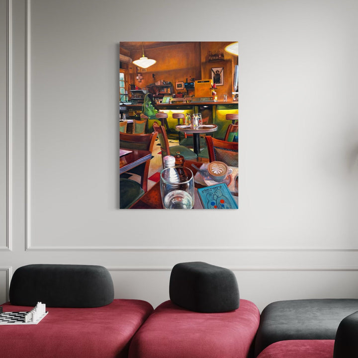 The artwork, Cafe Gitane, by Regina Miele, displayed in a room.