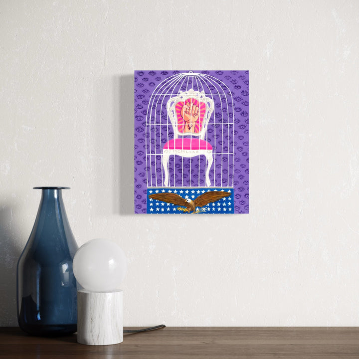 The artwork, Caged Back In, by Roxa Smith, displayed in a room.